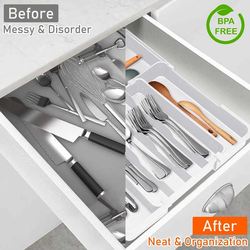 Spaclear Silverware Organizer - Expandable Kitchen Drawer Organizer, BPA-Free Food-Safe Utensil Drawer Organizer with 7 Compartments, Deep Cutlery Tray for Forks, Knives, White - Image 5